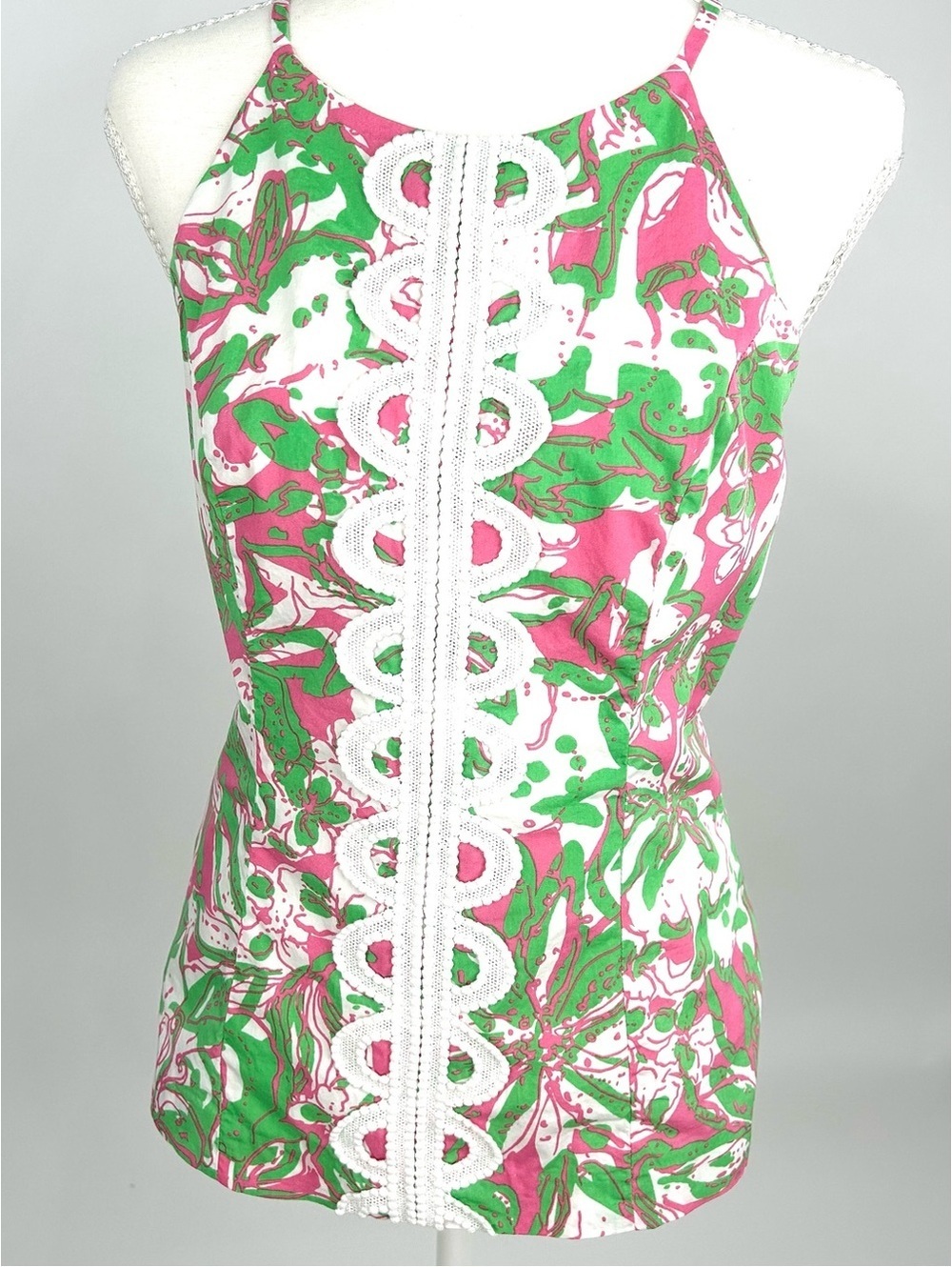 Lilly Pulitzer Pink Green Floral Halter Top Lace Trim Size 2